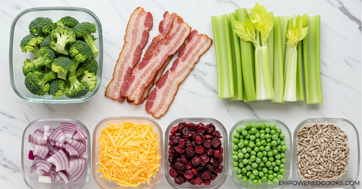 ingredients for broccoli pea salad