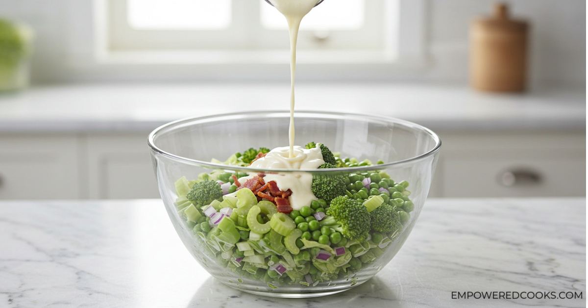 pouring dressing into fresh cut veggies