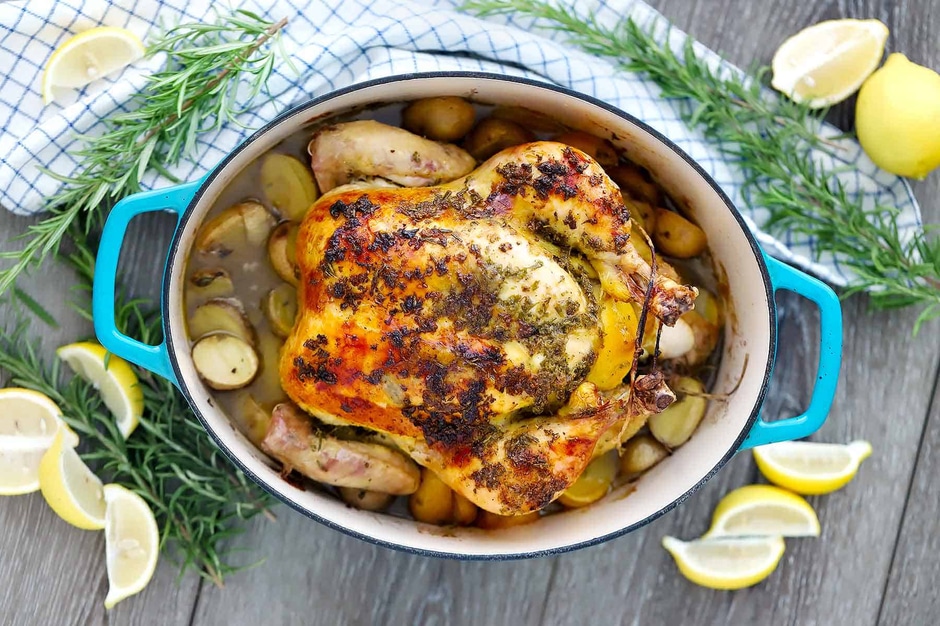 Roasted chicken in a dutch oven