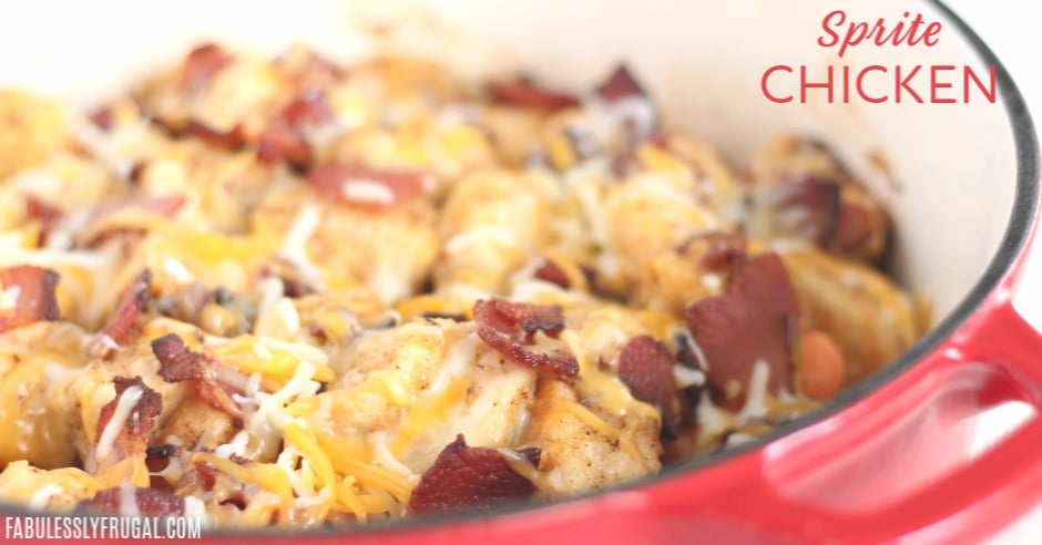 Cheesy sprite chicken with bacon in the dutch oven
