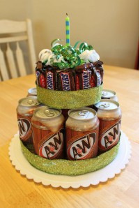 Cake with soda and candy bars