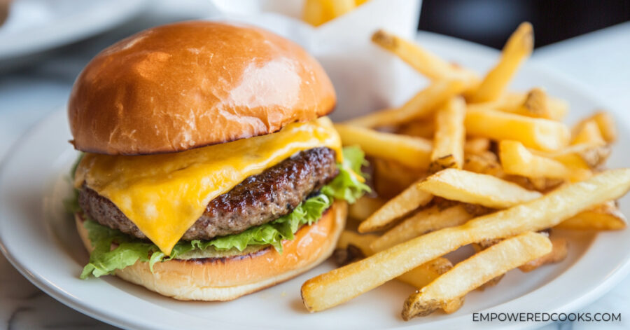 summer picnic dinner in the air fryer: hamburger and french fries