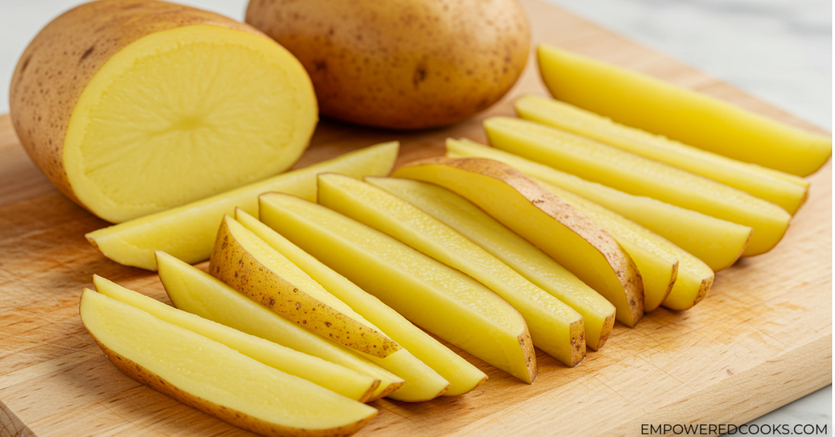 slicing thin potato slices to make fries