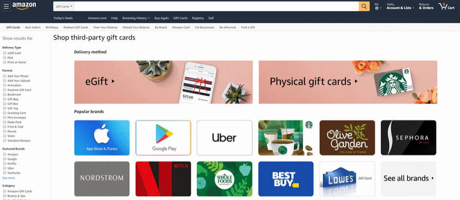 Amazon gift card selections