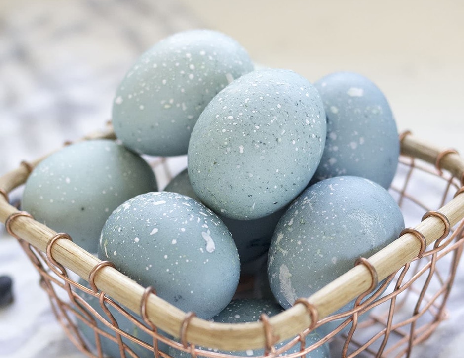 Basket of blueberry dyed eggs