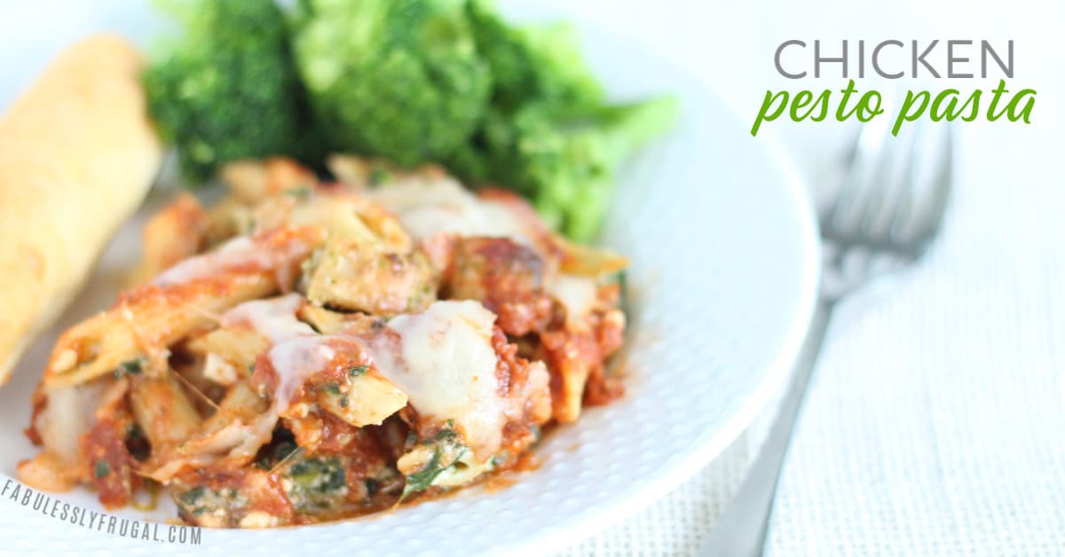 Chicken pesto pasta served with broccoli