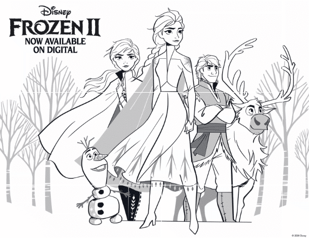 Olaf, Elsa, Anna, Kristoff, and Sven printable coloring page