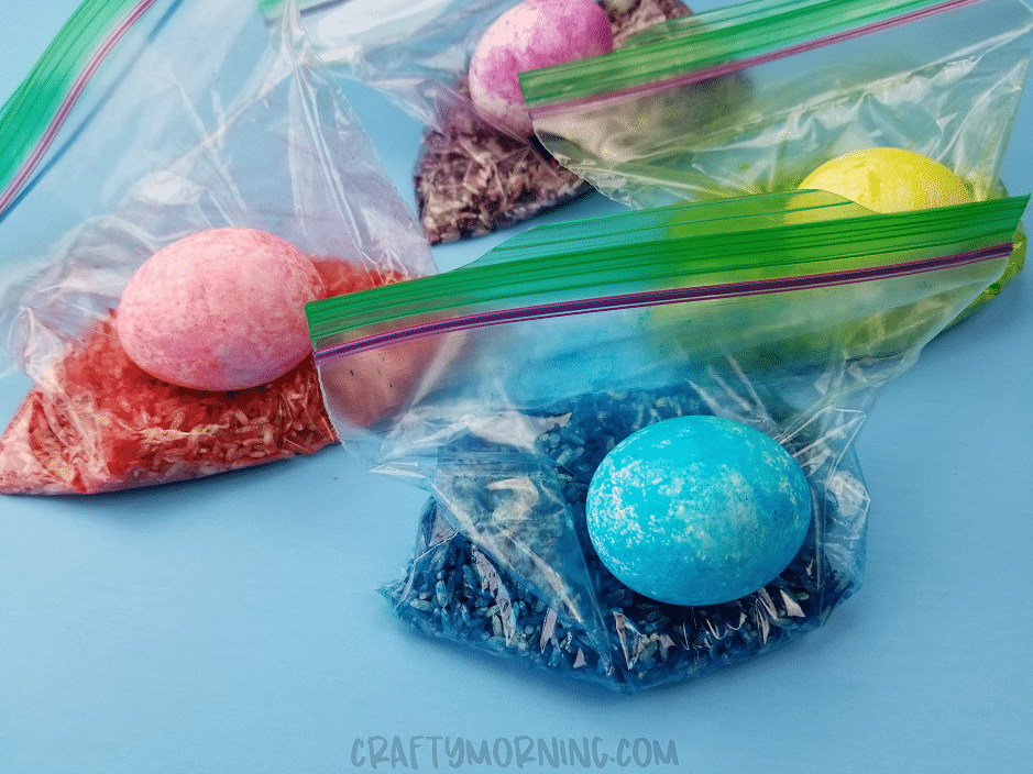 Red, blue, and yellow rice shake Easter eggs