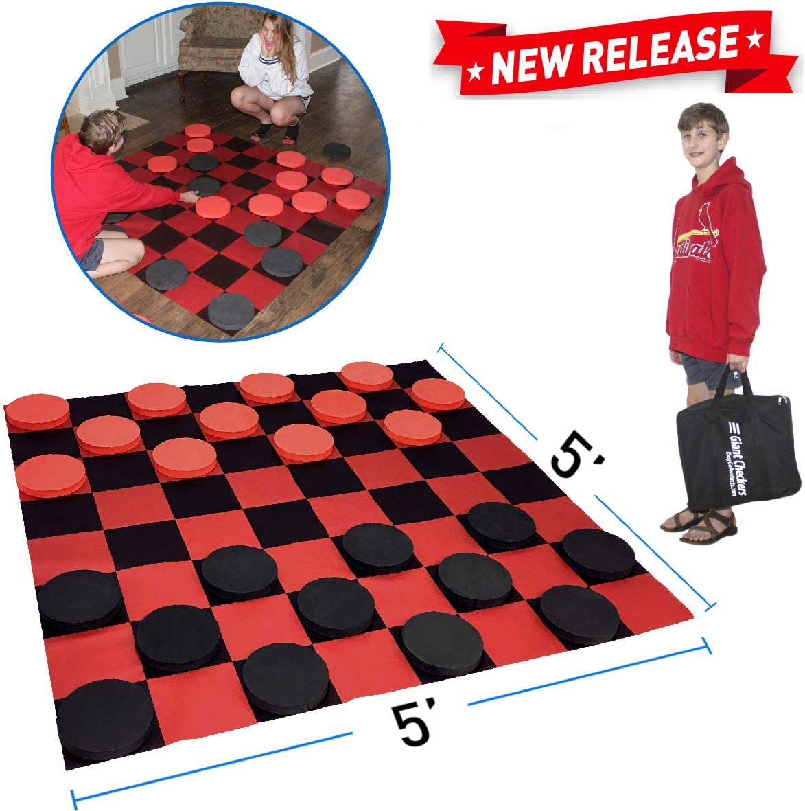 Giant checker board with kid holding carry case