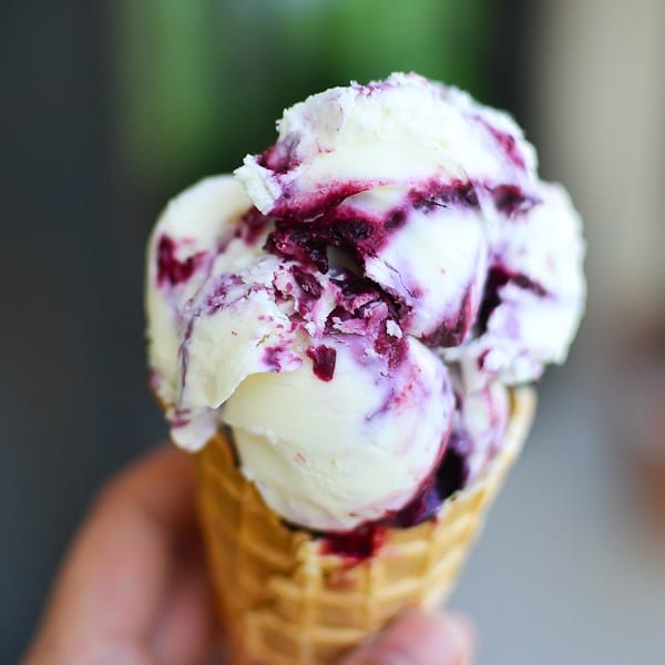 Waffle cone with blueberry ice cream