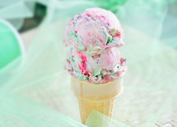 Double scoop of colorful ice cream in a ice cream cone