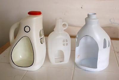 Mini houses made from milk jugs