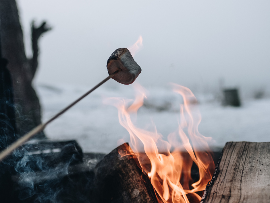 Person roasting a marshmallow over a fire