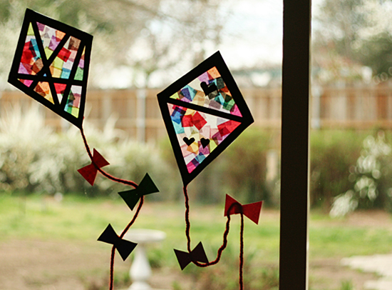 Stained glass kites in window