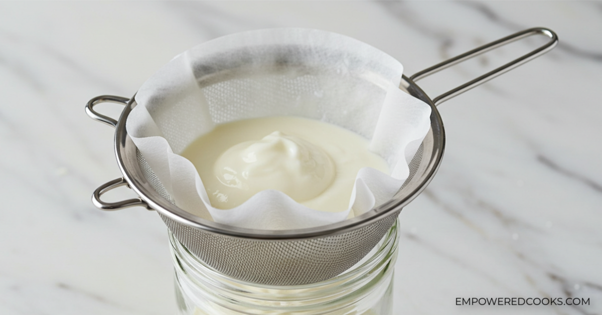 straining yogurt with a strainer and parchment paper