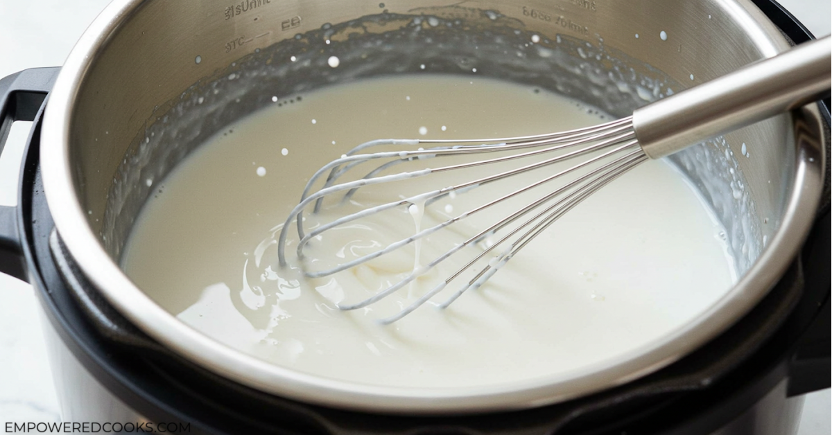 whisking the milk, sweetened condensed milk, and starter