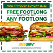 Subway: Buy 1 Footlong and Get 1 FREE After Code (Thru 11/22) + More