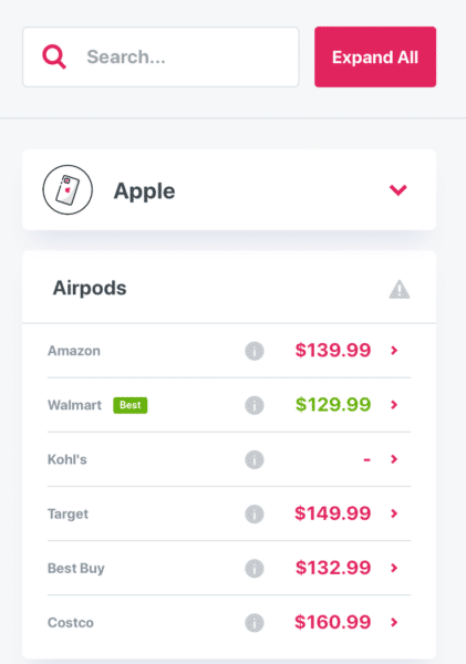 Price comparison for apple airpods in the fabulessly frugal app