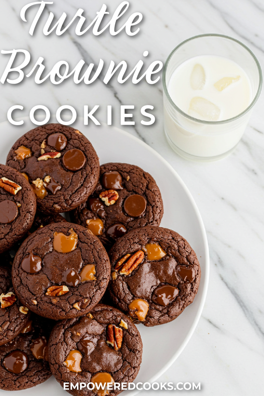 turtle brownie cookies with a glass of milk