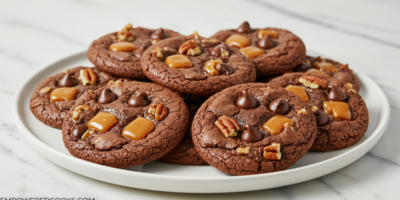 a plate of turtle brownie cookies with pecans