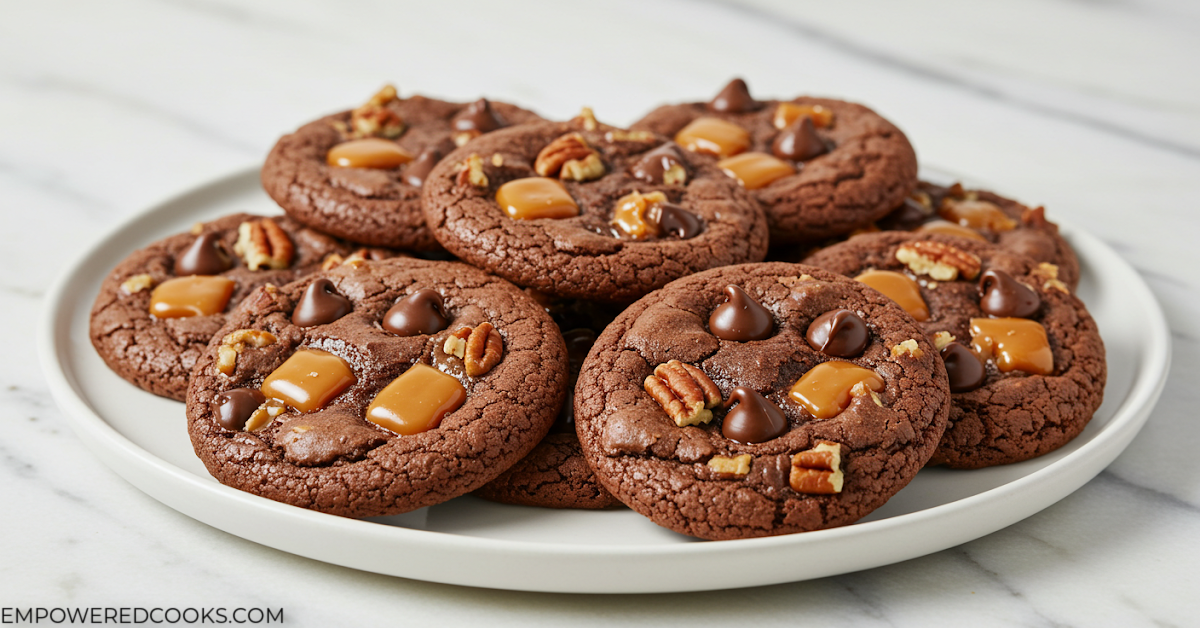 a plate of turtle brownie cookies with pecans