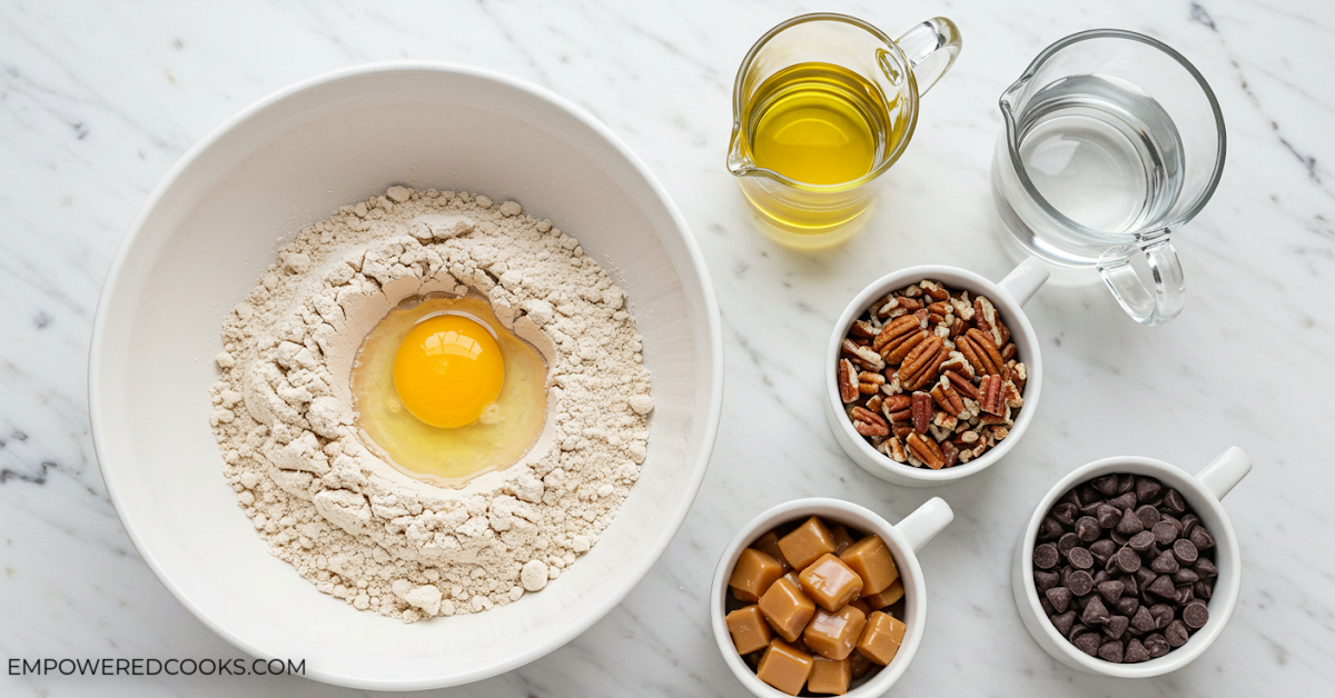 Ingredients to make turtle brownie cookies with a brownie mix