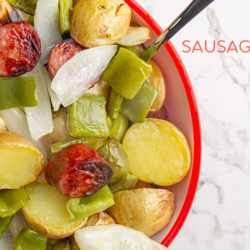 air fryer sausage, potatoes, and onions