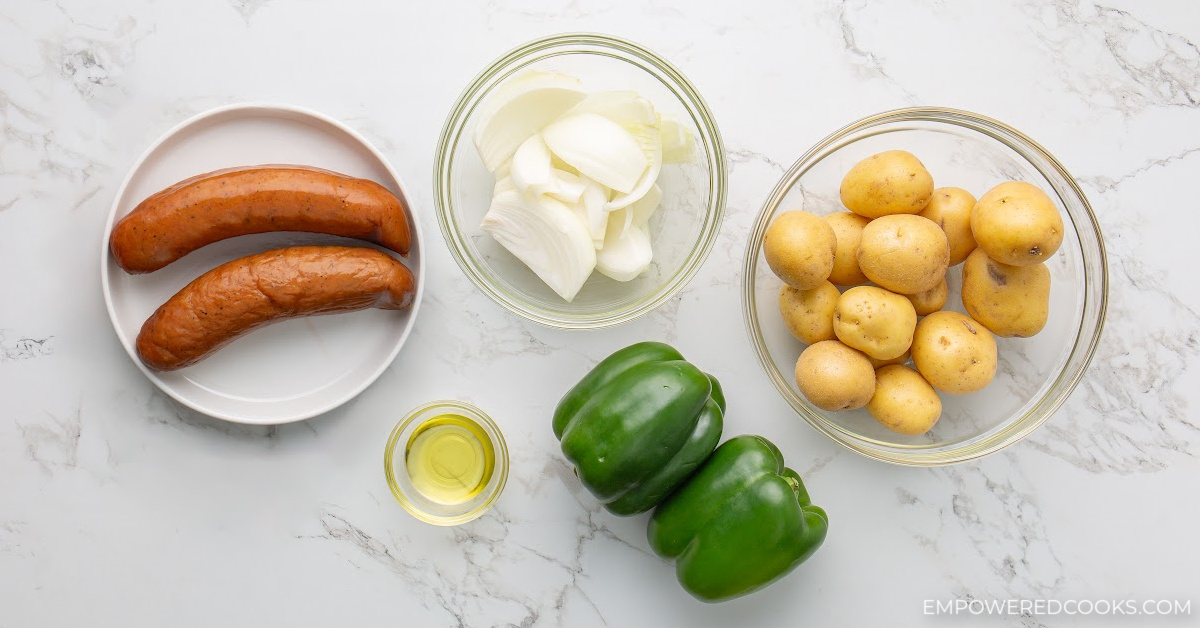 air fryer sausage, potatoes, and onions