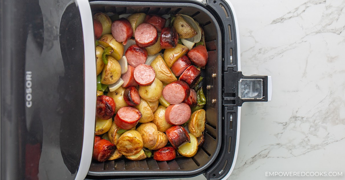 air fryer sausage, potatoes, and onions