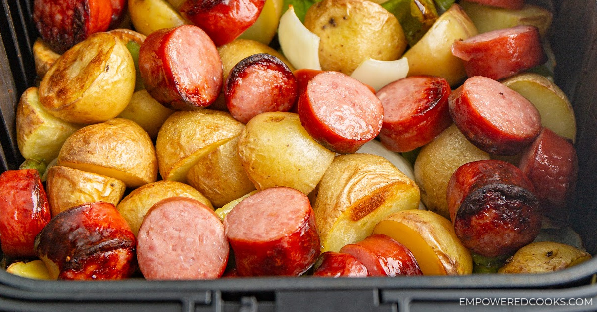 air fryer sausage, potatoes, and onions