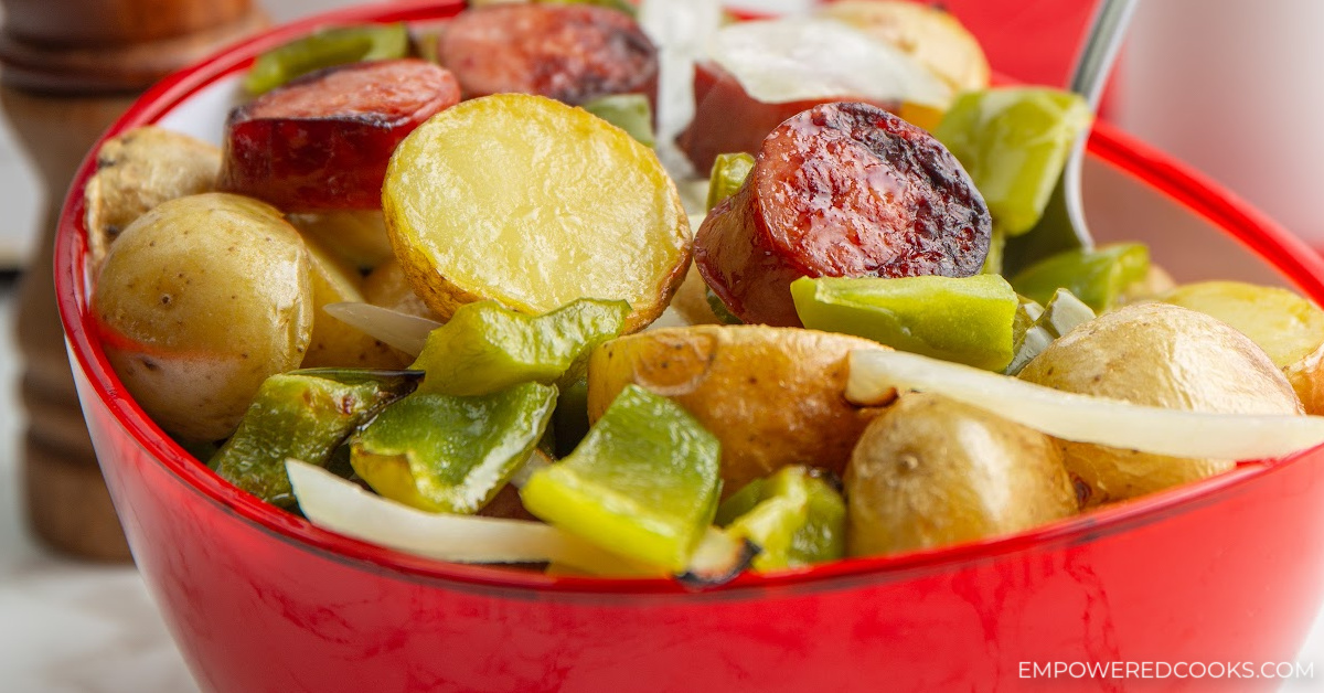 air fryer sausage, potatoes, and onions