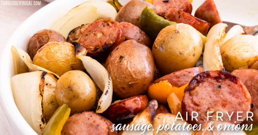 Easy and Flavorful air fryer sausage, potatoes, and onions is your next simple go to dinner! Ready in under half an hour