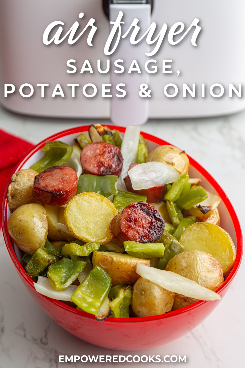 air fryer sausage, potatoes, and onions