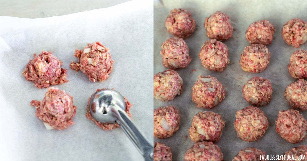 Scooping ground beef to make meatballs