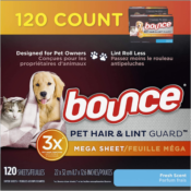 120 Count Bounce Pet Hair and Lint Guard Mega Dryer Sheets as low as $7.84...