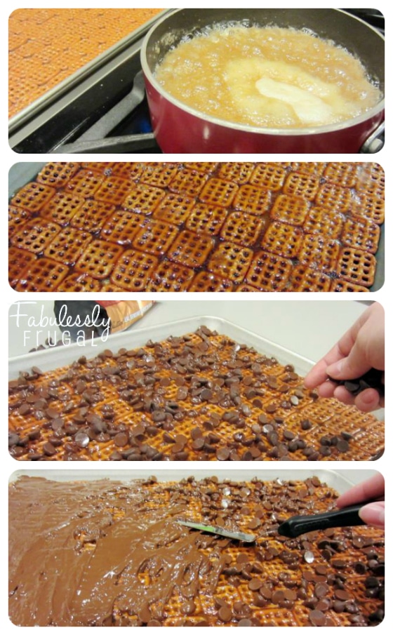 making salted chocolate caramel pretzel bark