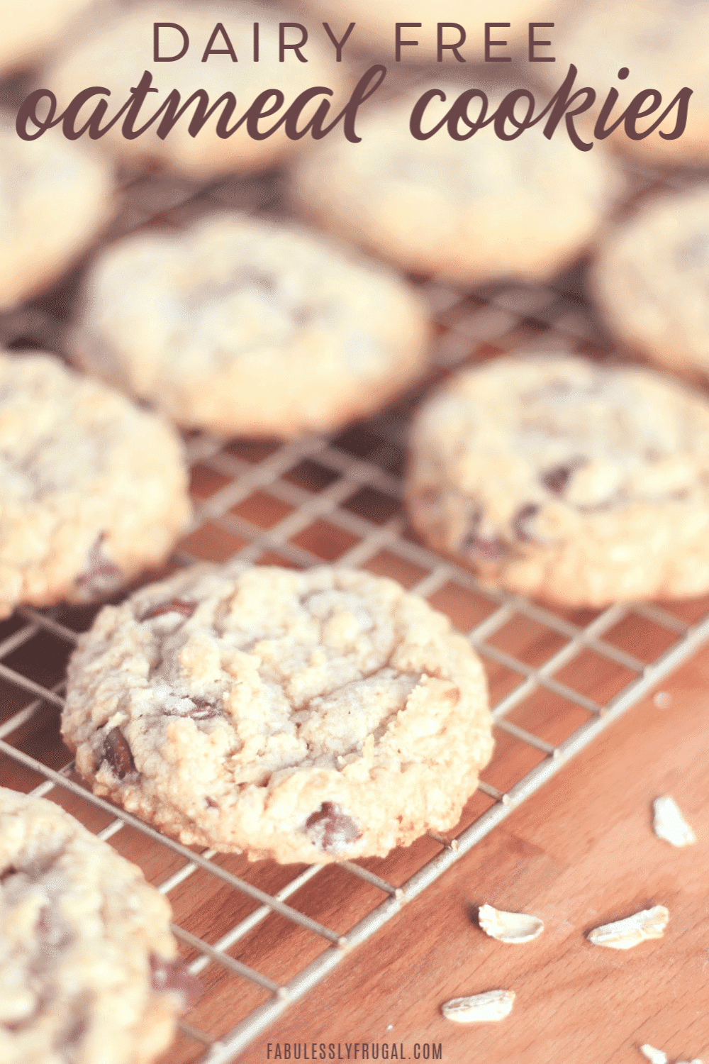 Dairy free oatmeal chocolate chip cookies on cooling rack