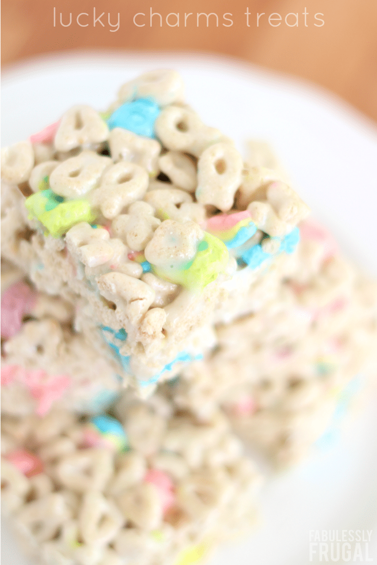 Lucky charms treats stacked on top of each other on a plate