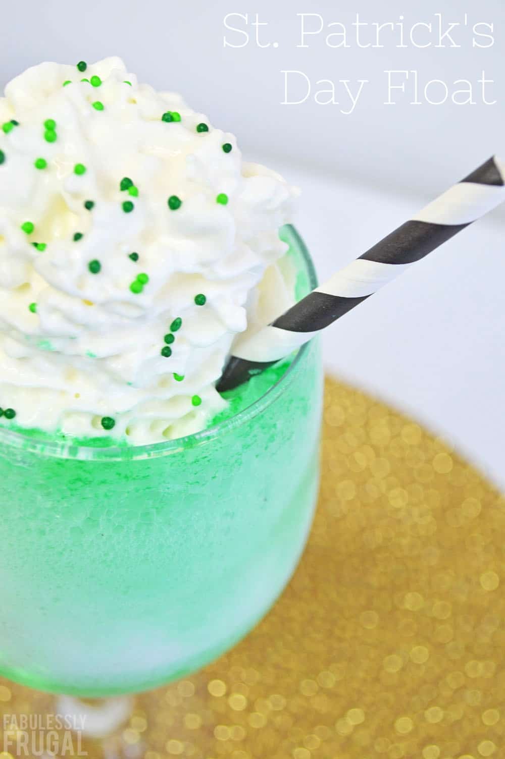 St. Patrick's Day ice cream float with whipped cream and sprinkles