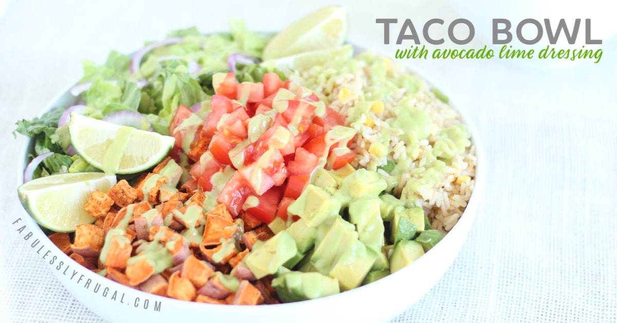 Healthy taco bowl recipe with avocado lime dressing