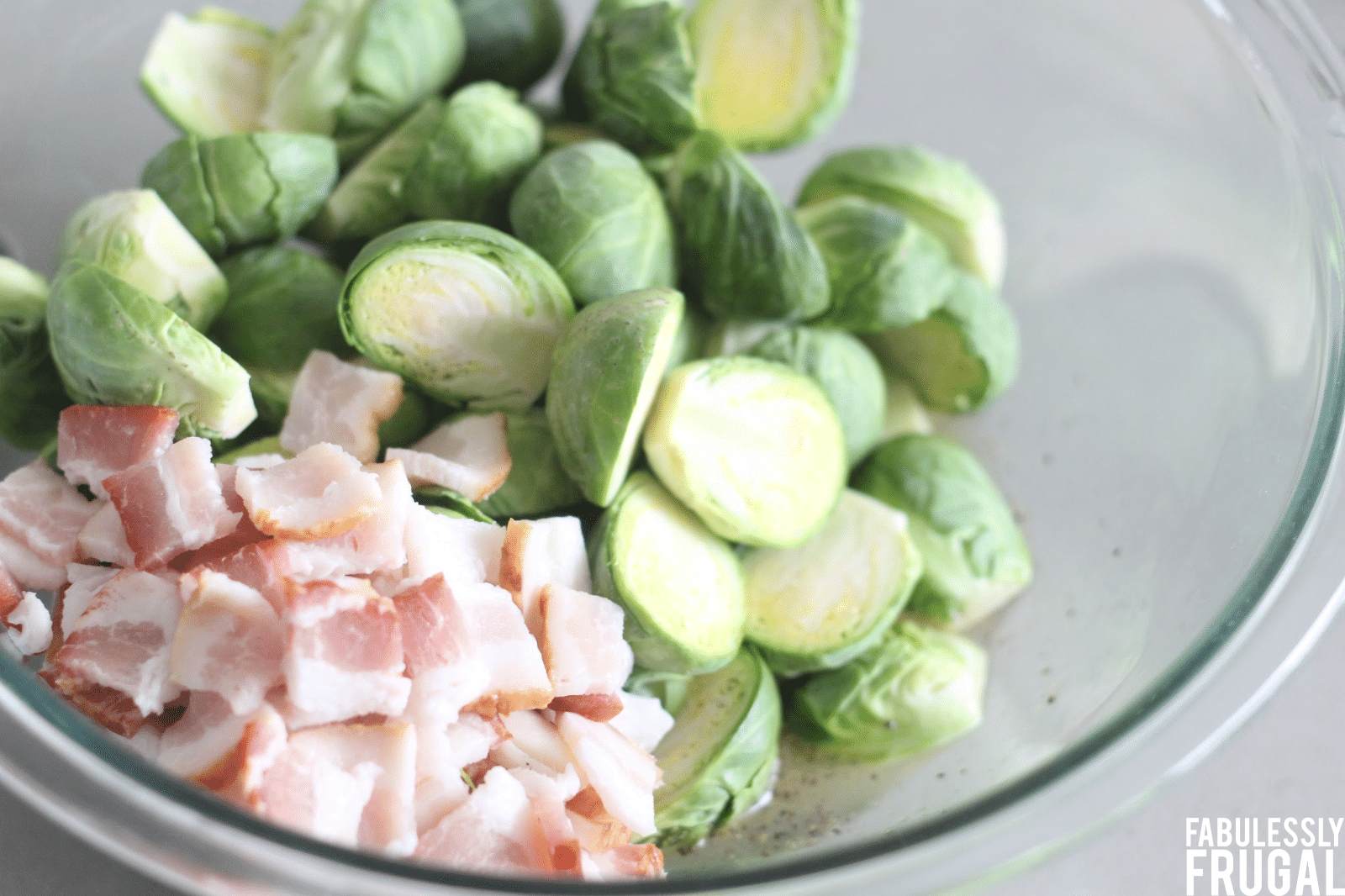 Brussels sprouts with bacon in bowl