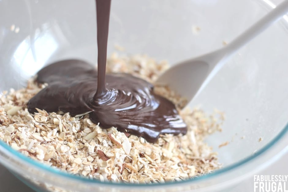 Mixing the chocolate granola ingredients