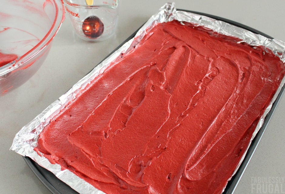 Red velvet cake roll in a pan