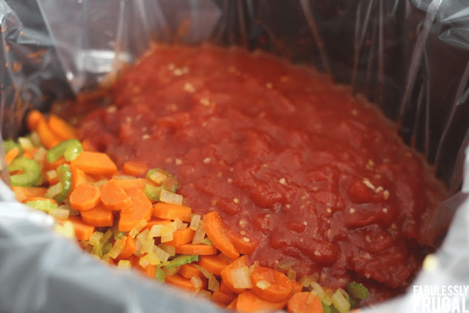Vegetable soup ingredients in slow cooker