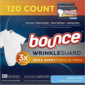 FOUR 120-Count Bounce Wrinkle Guard Mega Dryer Sheets as low as $4.68 EACH...