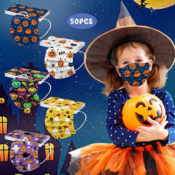 50 Pieces Fall and Halloween Print Disposable Face Masks for Boys and Girls...