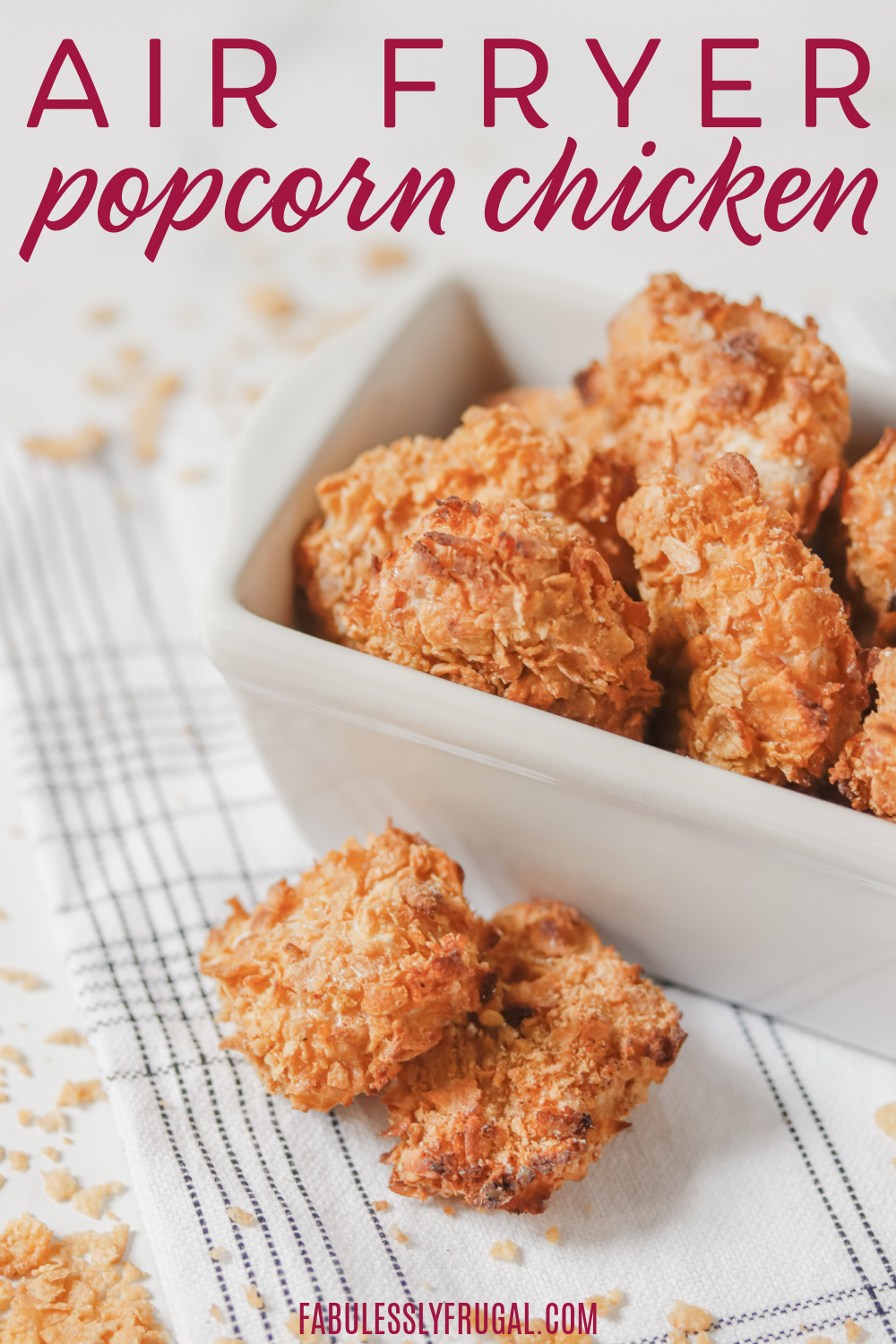 Air fryer popcorn chicken is our family's new favorite go-to dinner. It's ready in 20 minutes and tastes so yummy!