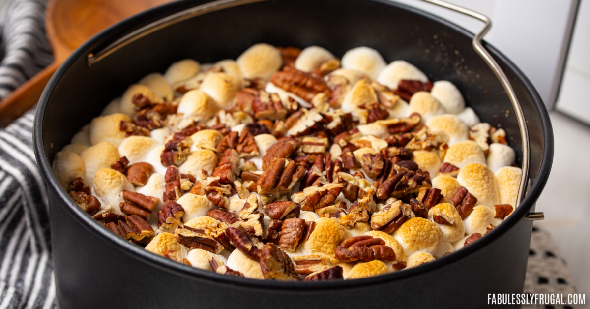 sweet potato casserole in a cake barrel dish for the air fryer