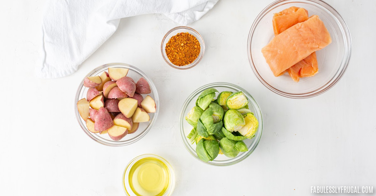 salmon, potato, and brussels sprouts sheet pan dinner ingredients