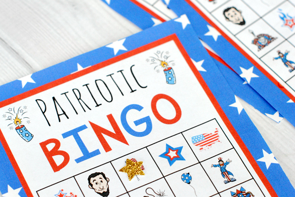 Patriotic bingo cards with pictures like Uncle Sam, a star, the United States, and more
